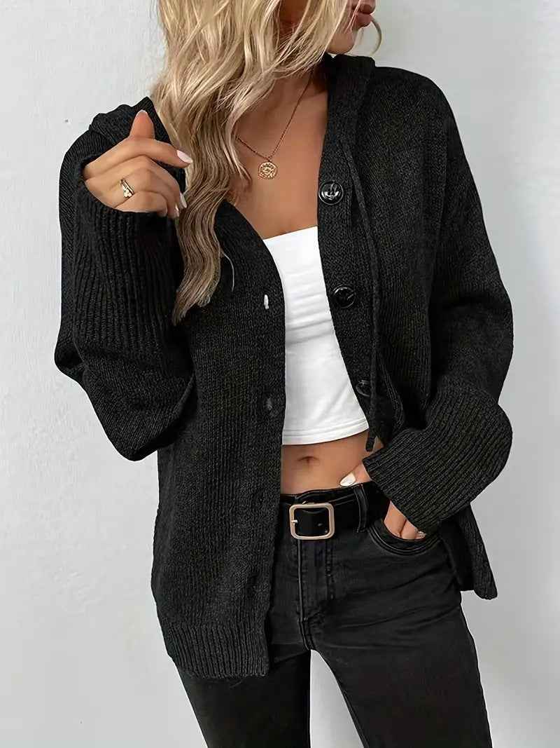 MILSA™ - Cozy Plain Button Front Hooded Cardigan