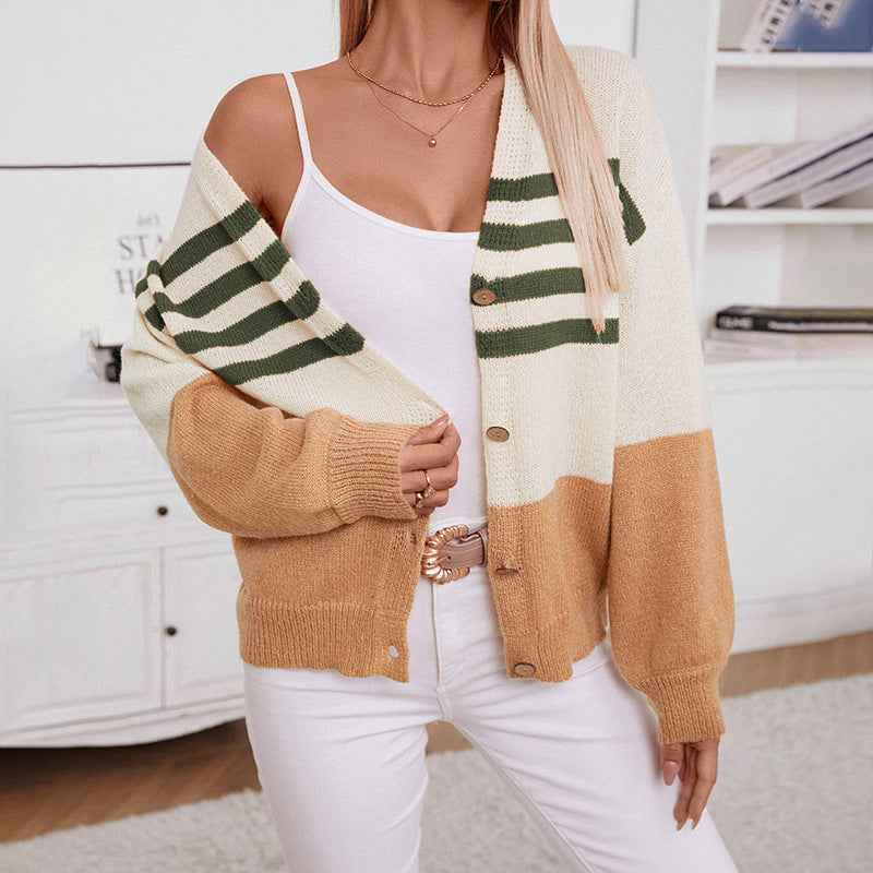 Chicer Color-Block-V-Ausschnitt-Cardigan mit Knopfleiste und langen Ärmeln