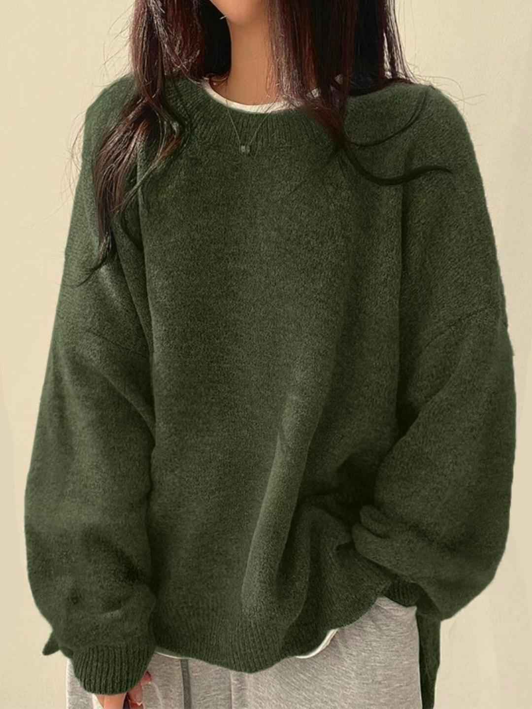 KIARA™ - Women's Drop Shoulder Split Hem Round Neck Sweater