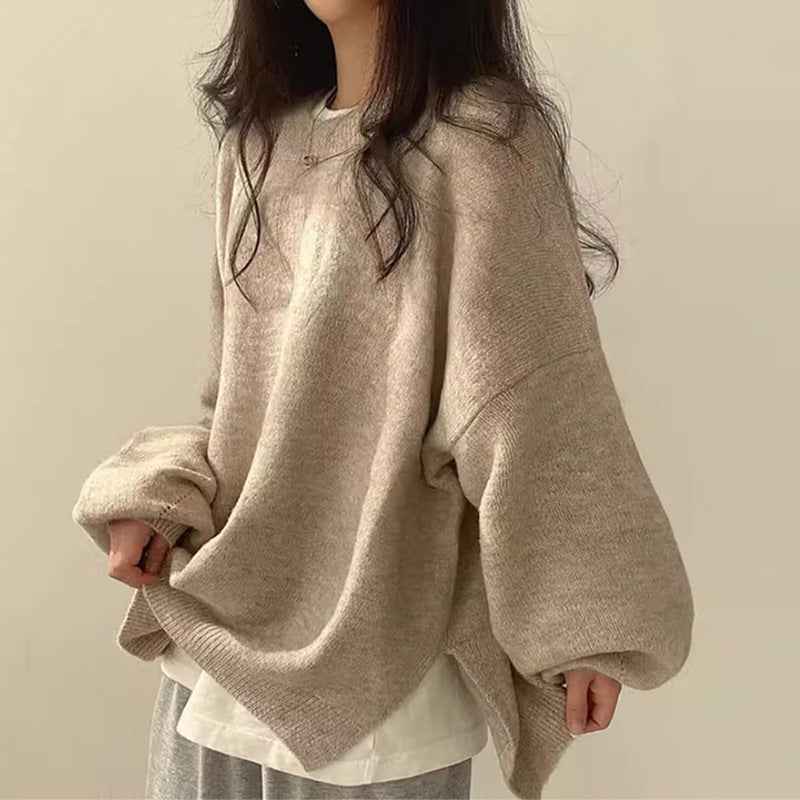 KIARA™ - Women's Drop Shoulder Split Hem Round Neck Sweater