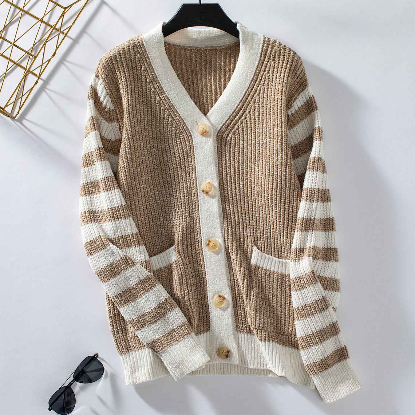 Damen Strickcardigan mit Streifen und Knöpfen – Langarm, Casual-Stil