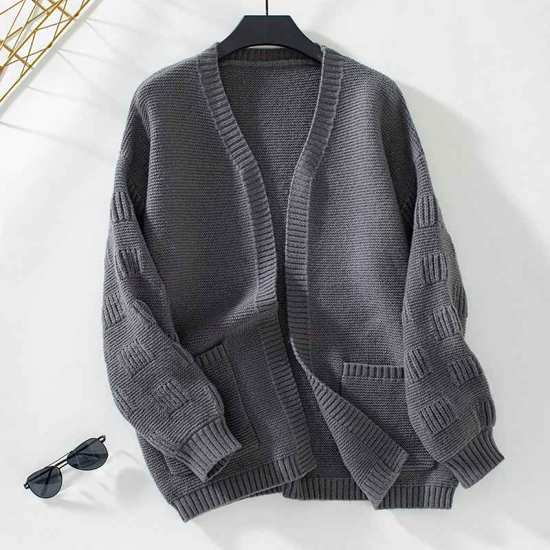 Locker geschnittene einfarbige Langarm-Strickjacke
