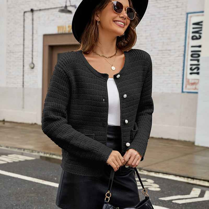 Damen-Strickcardigan – Rundhalsausschnitt, Langarm, gemütliche Alltagslage