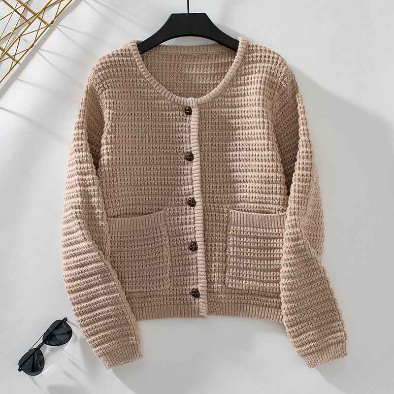 Zeitloser einfarbiger Rundhals-Strickcardigan