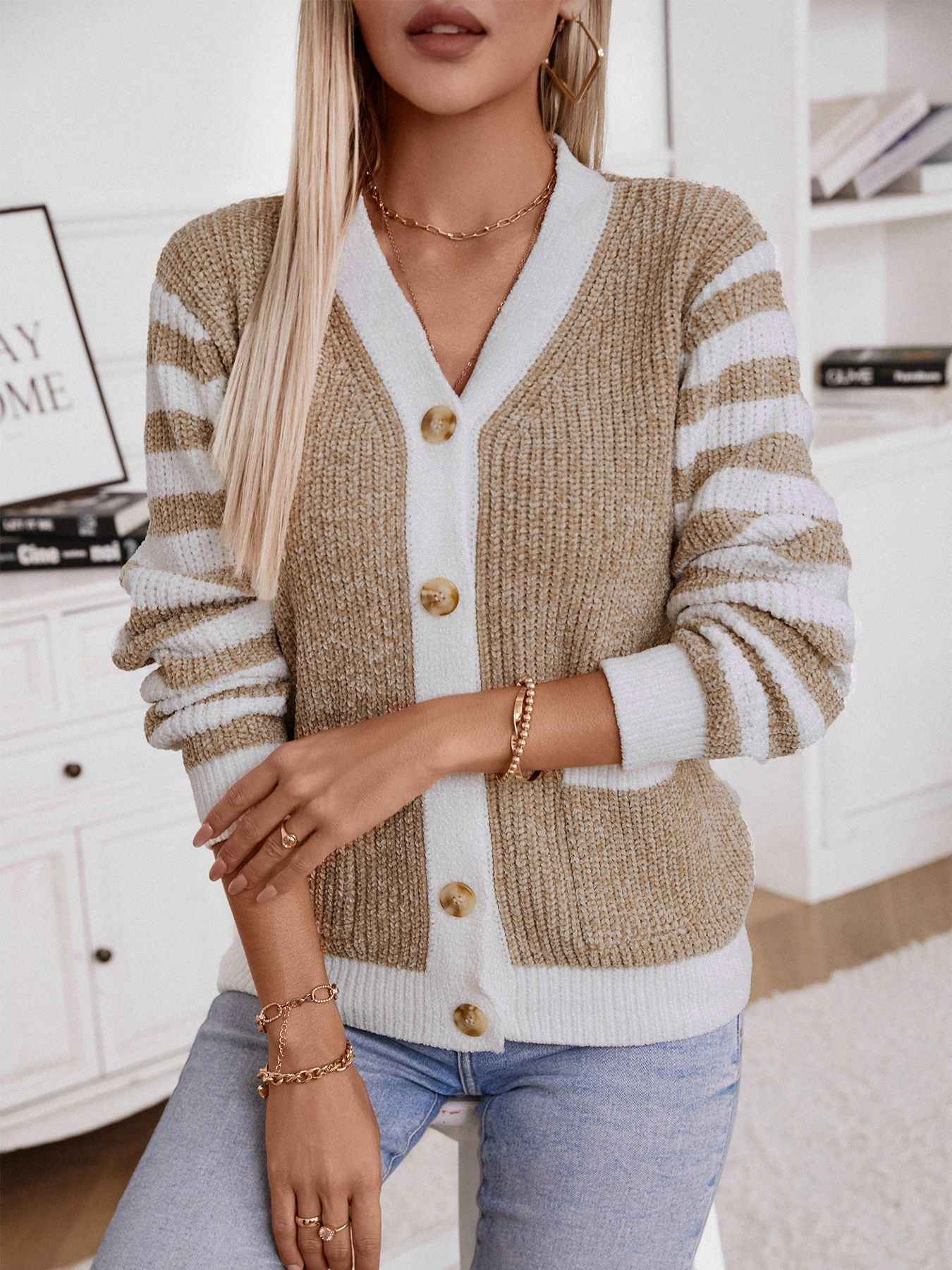 Damen Strickcardigan mit Streifen und Knöpfen – Langarm, Casual-Stil