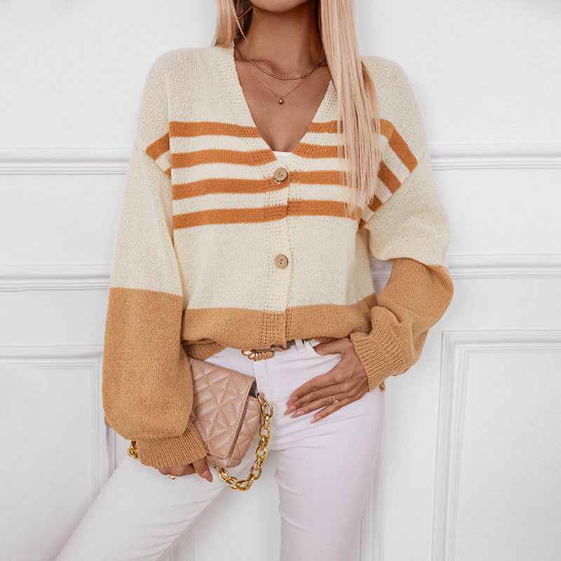 Chicer Color-Block-V-Ausschnitt-Cardigan mit Knopfleiste und langen Ärmeln