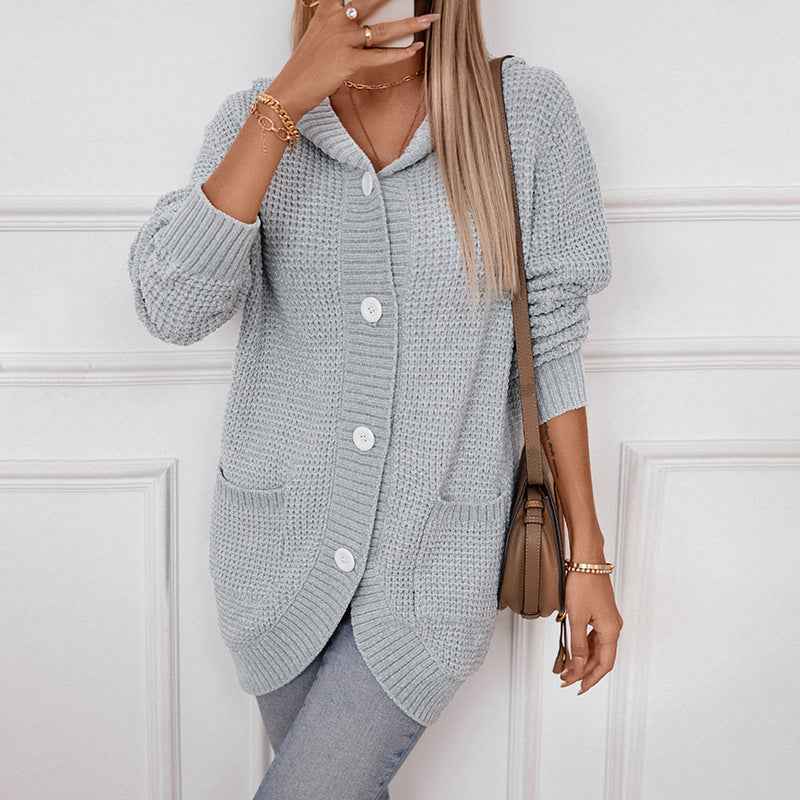 Gemütlicher und stilvoller Damen-Kapuzen-Strickcardigan – lockere, mittellange Passform
