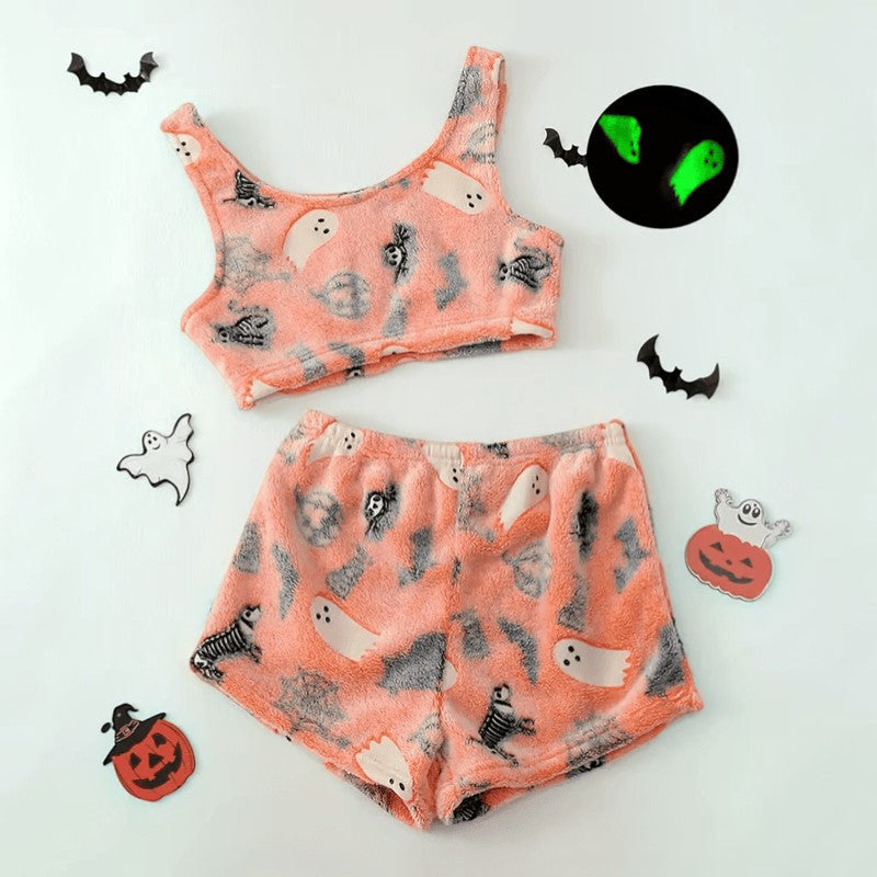 Halloween Pyjama Set Damen - Leuchtende Geistermuster