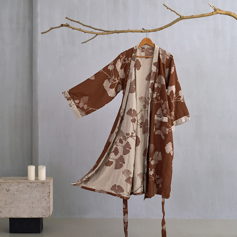 Baumwoll-Kimono-Bademantel mit wendbarem Blattmuster