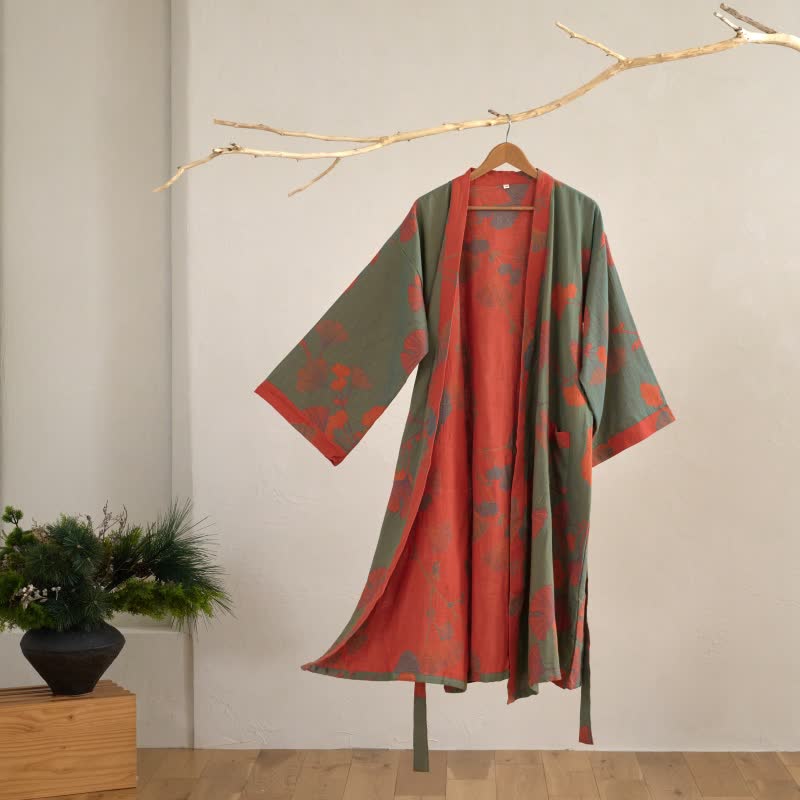 Baumwoll-Kimono-Bademantel mit wendbarem Blattmuster