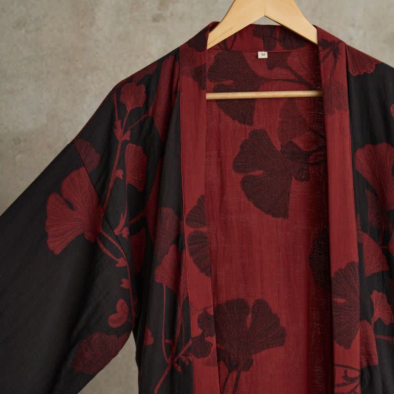 Baumwoll-Kimono-Bademantel mit wendbarem Blattmuster