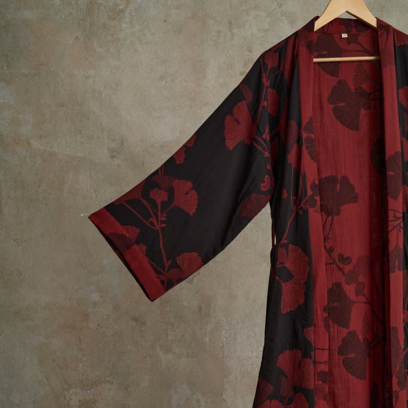 Baumwoll-Kimono-Bademantel mit wendbarem Blattmuster