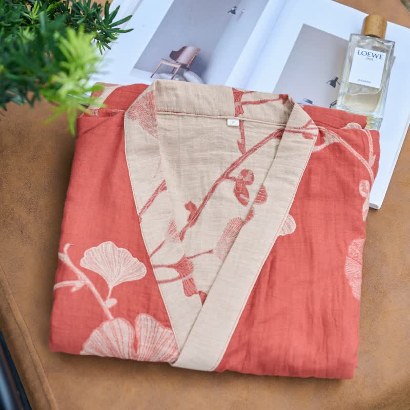 Baumwoll-Kimono-Bademantel mit wendbarem Blattmuster