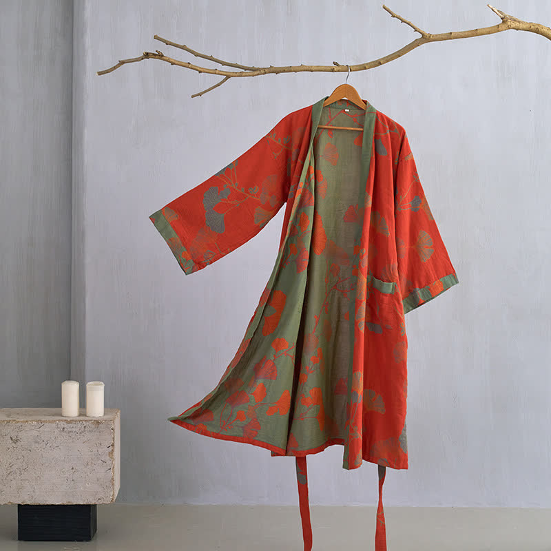 Baumwoll-Kimono-Bademantel mit wendbarem Blattmuster