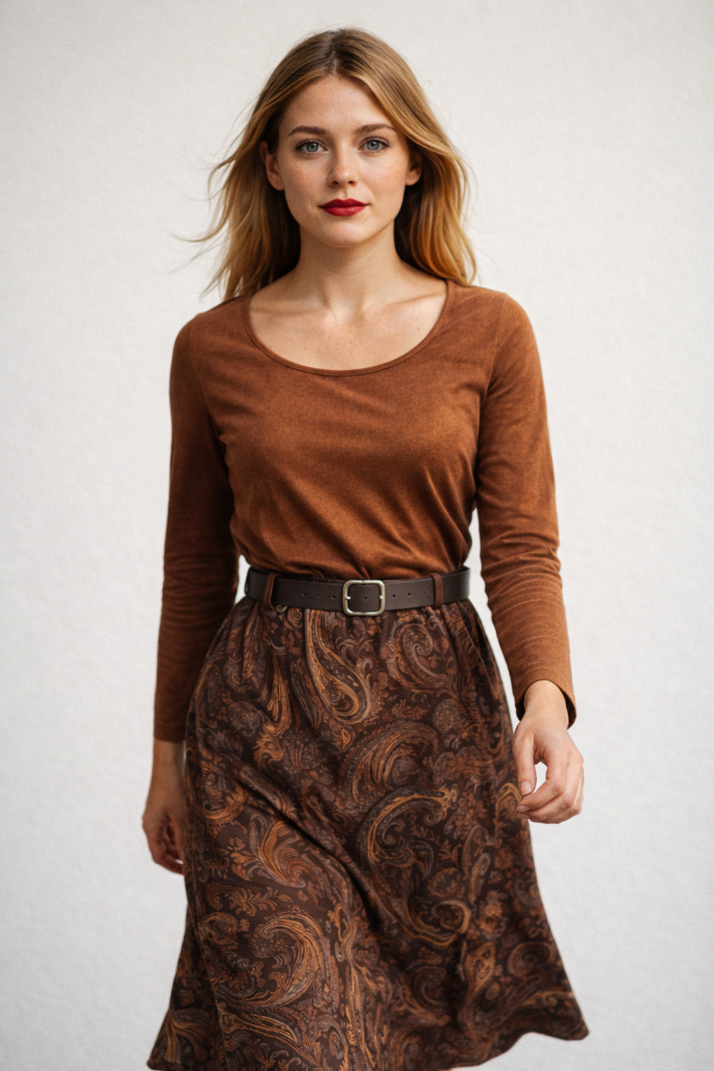 Vintage-Ensemble: Top in Samt-Optik & Paisley-Maxirock mit Gürtel