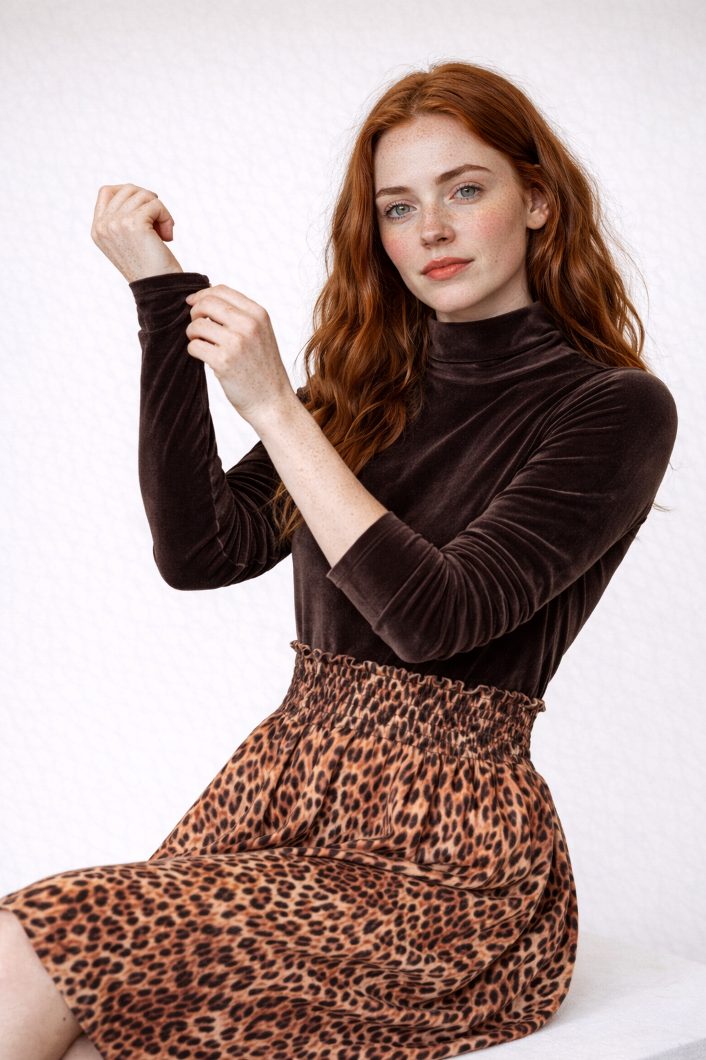 Luxuriöses Samt-Turtleneck-Top mit Leopardenmuster-Rock-Set – Elegantes und anspruchsvolles Ensemble