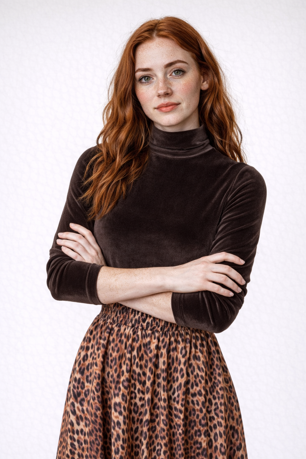 Luxuriöses Samt-Turtleneck-Top mit Leopardenmuster-Rock-Set – Elegantes und anspruchsvolles Ensemble
