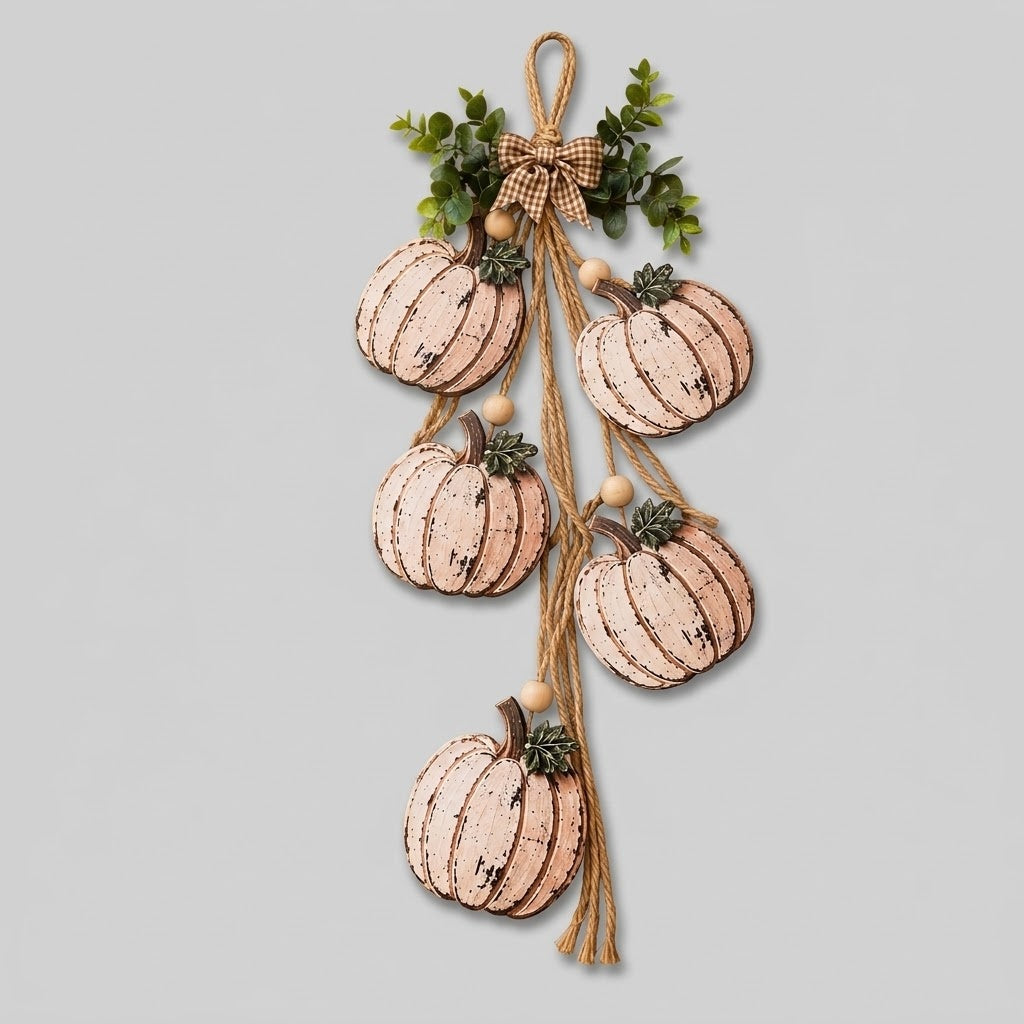 Holz-Kürbis-Türkranz - 5er-Set mit Karo-Schleife