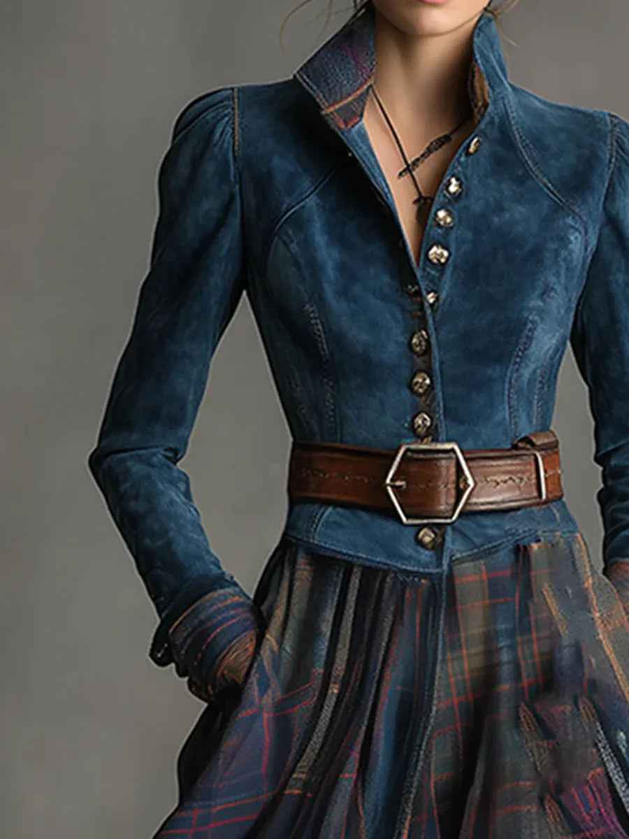 Vintage Ethnische Maxi-Kleid aus blauem Kunstleder mit Karomuster und Gürtel