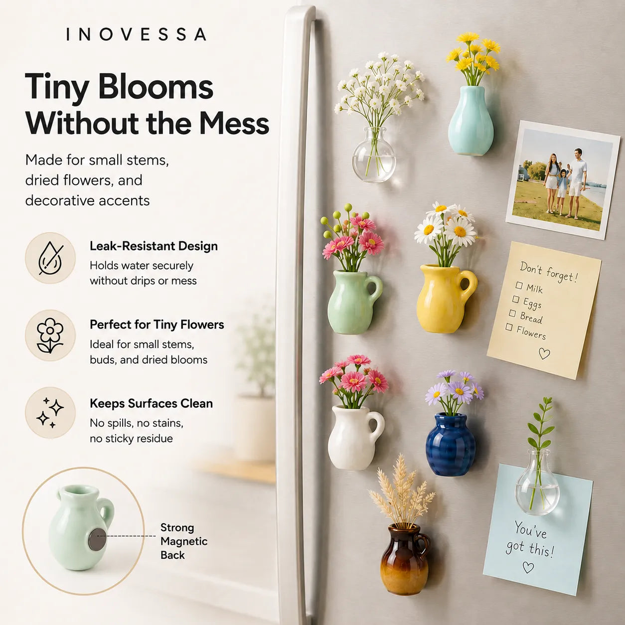 tiny flower vases and holders on a refrigerator with promotional text.