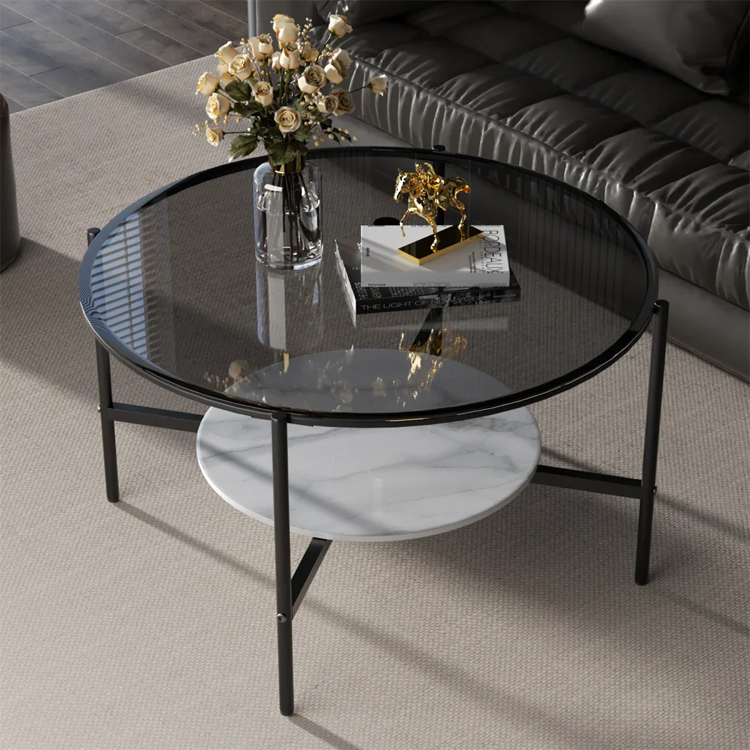 Nirelia – Eleganter Glastisch mit Schieferakzenten und modernem Zweischichtdesign