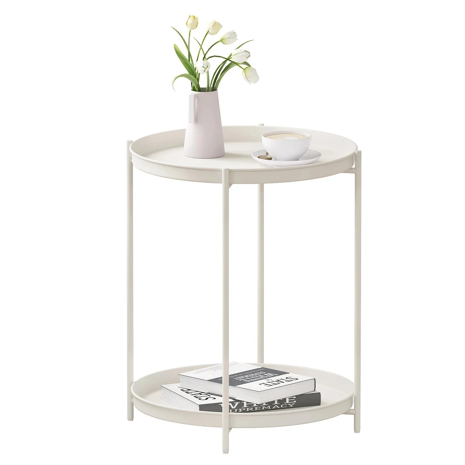 Caelira - elegante runde metallische Beistelltisch mit praktischem Stauraum und praktischen abnehmbaren Tabletts