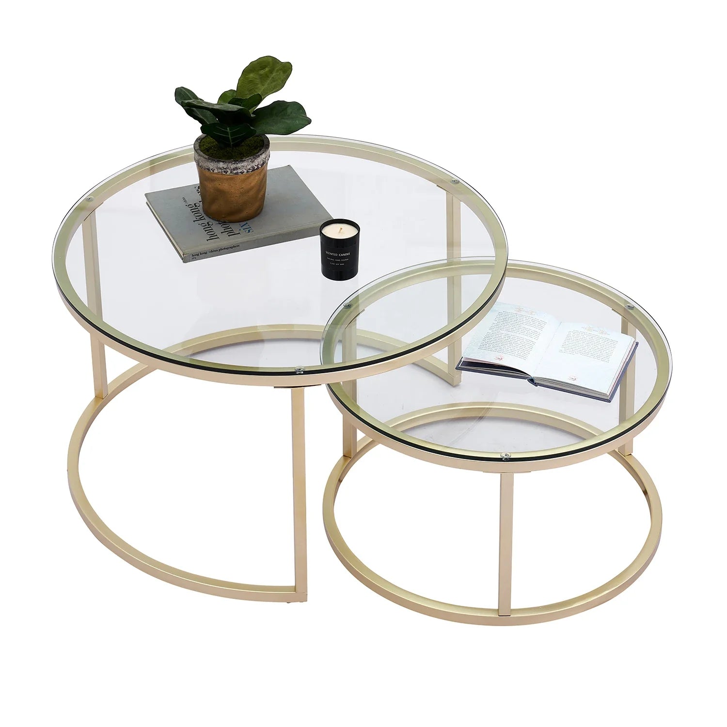 Caelanis - Stilvolle 2-in-1 Runde Couchtisch mit robustem Eisenrahmen und Glasplatte