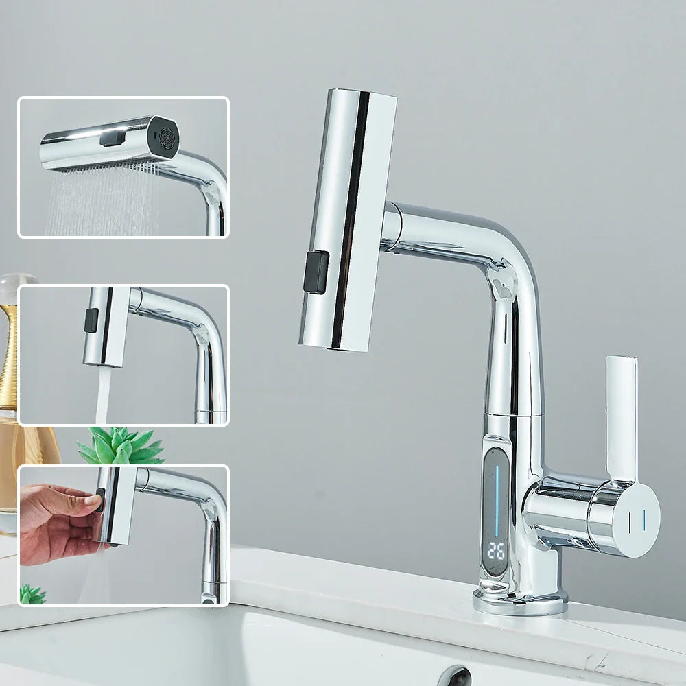 Thalenya - Moderne Wasserfall-Waschtischarmatur mit Temperaturanzeige und flexibler, schwenkbarer Brause für maximalen Komfort
