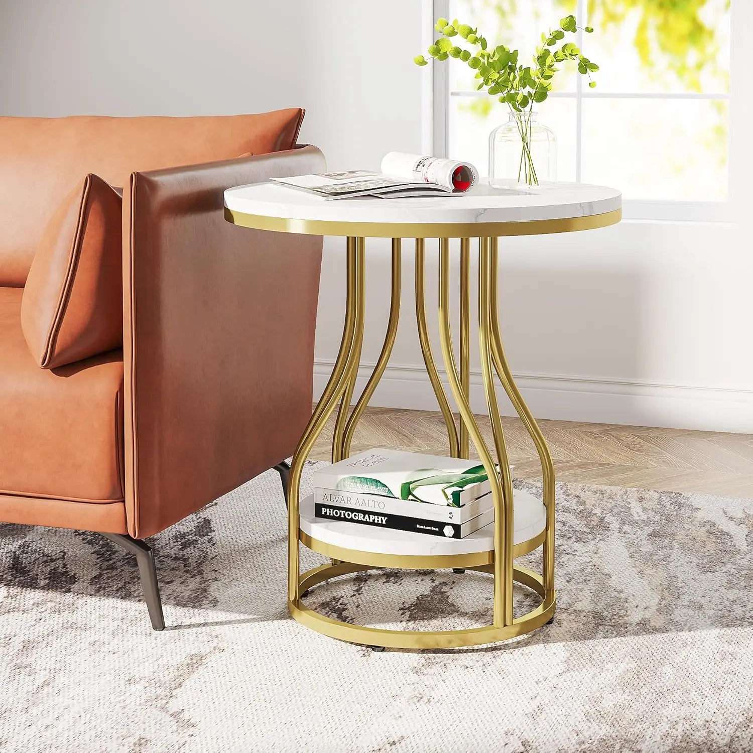Isavelle - Stilvoller runder Beistelltisch mit zweilagigem Design, elegantem Metallrahmen und praktischem Stauraum