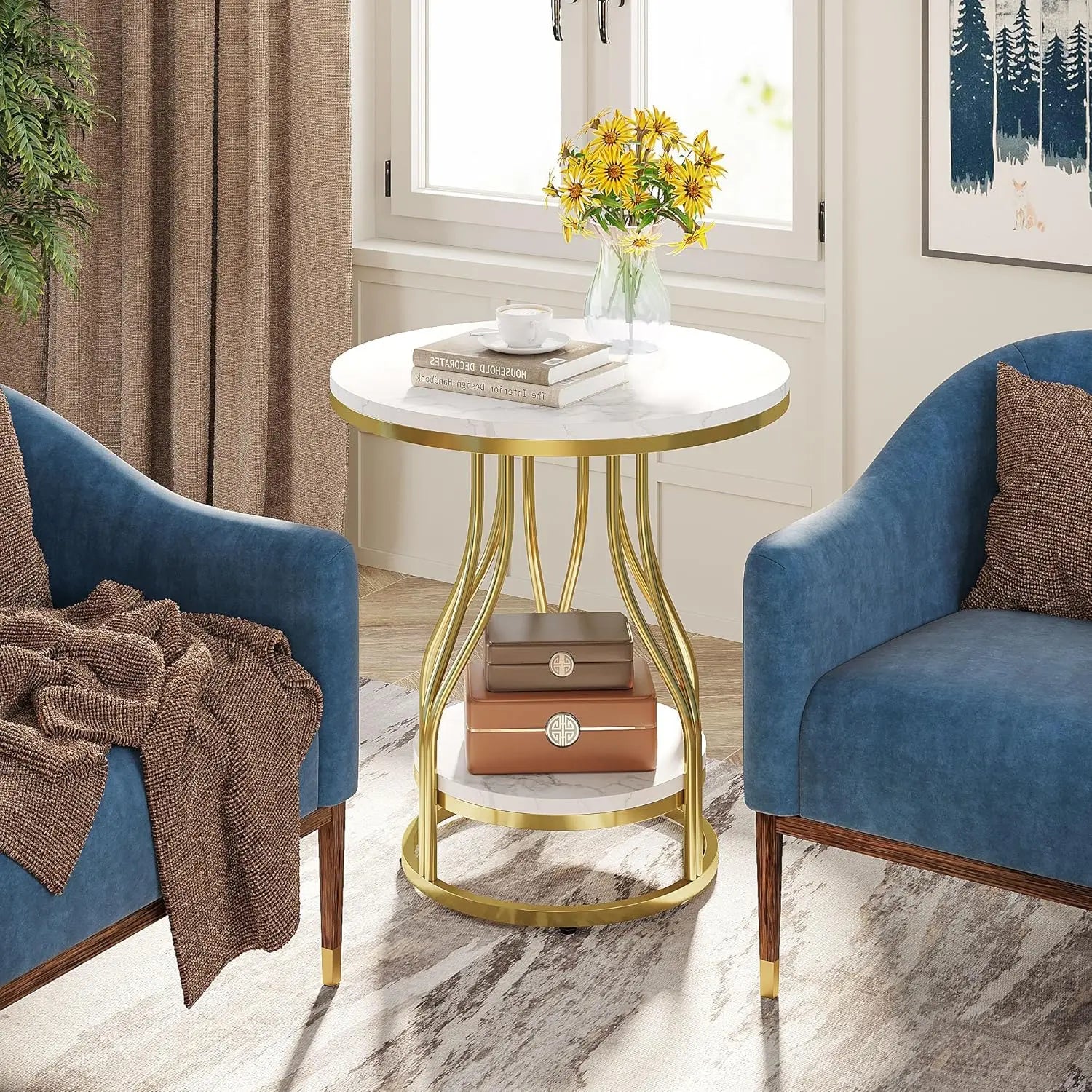 Isavelle - Stilvoller runder Beistelltisch mit zweilagigem Design, elegantem Metallrahmen und praktischem Stauraum