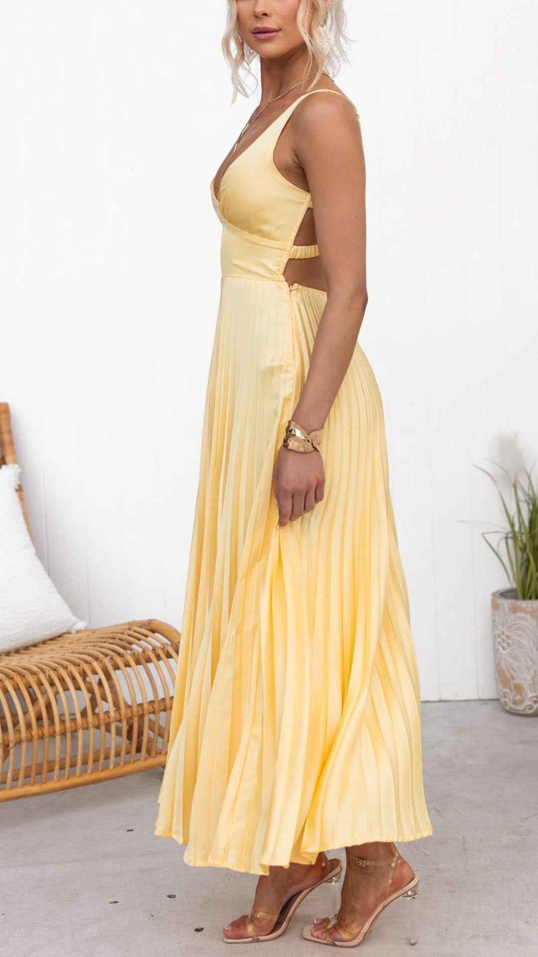 Aby | Strahlendes Gelb Plissee-V-Ausschnitt Maxikleid