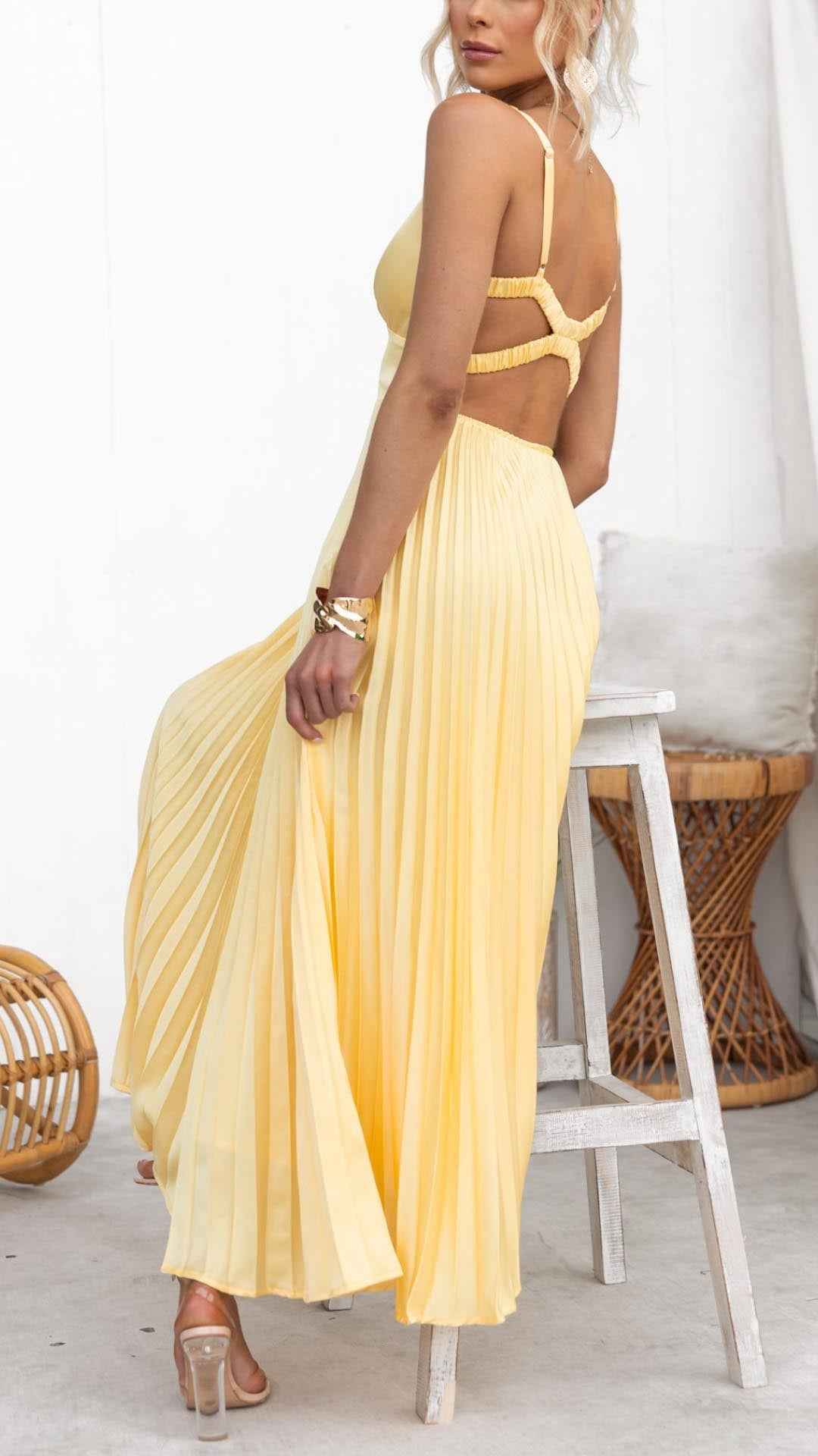 Aby | Strahlendes Gelb Plissee-V-Ausschnitt Maxikleid