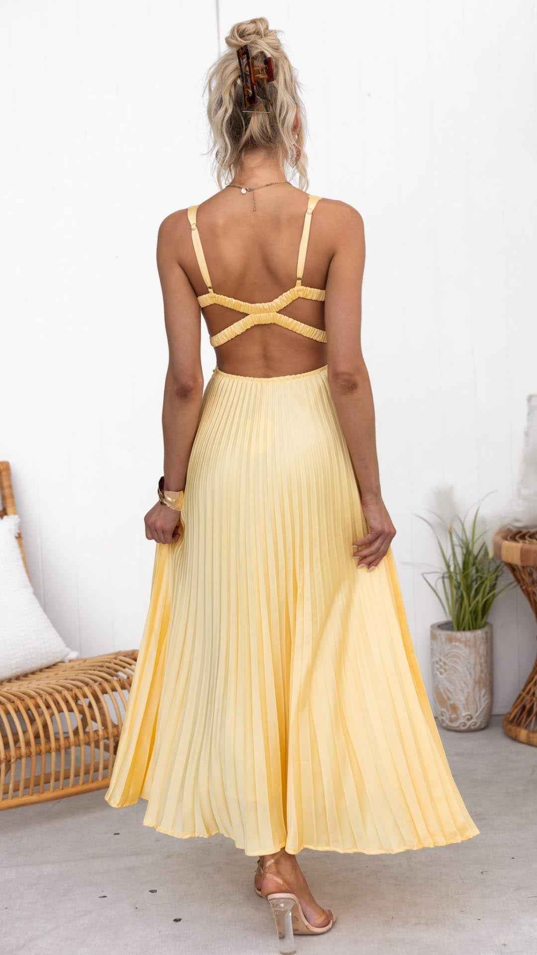 Aby | Strahlendes Gelb Plissee-V-Ausschnitt Maxikleid