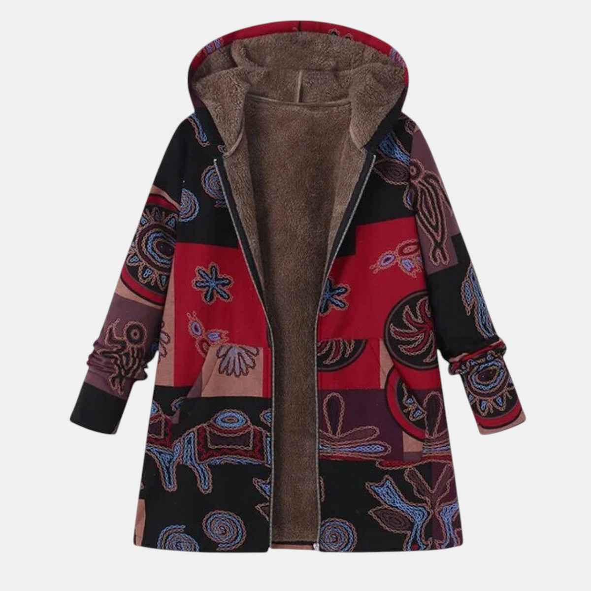 Marina Boho Patchwork Hoodie-Mantel mit abstraktem Design