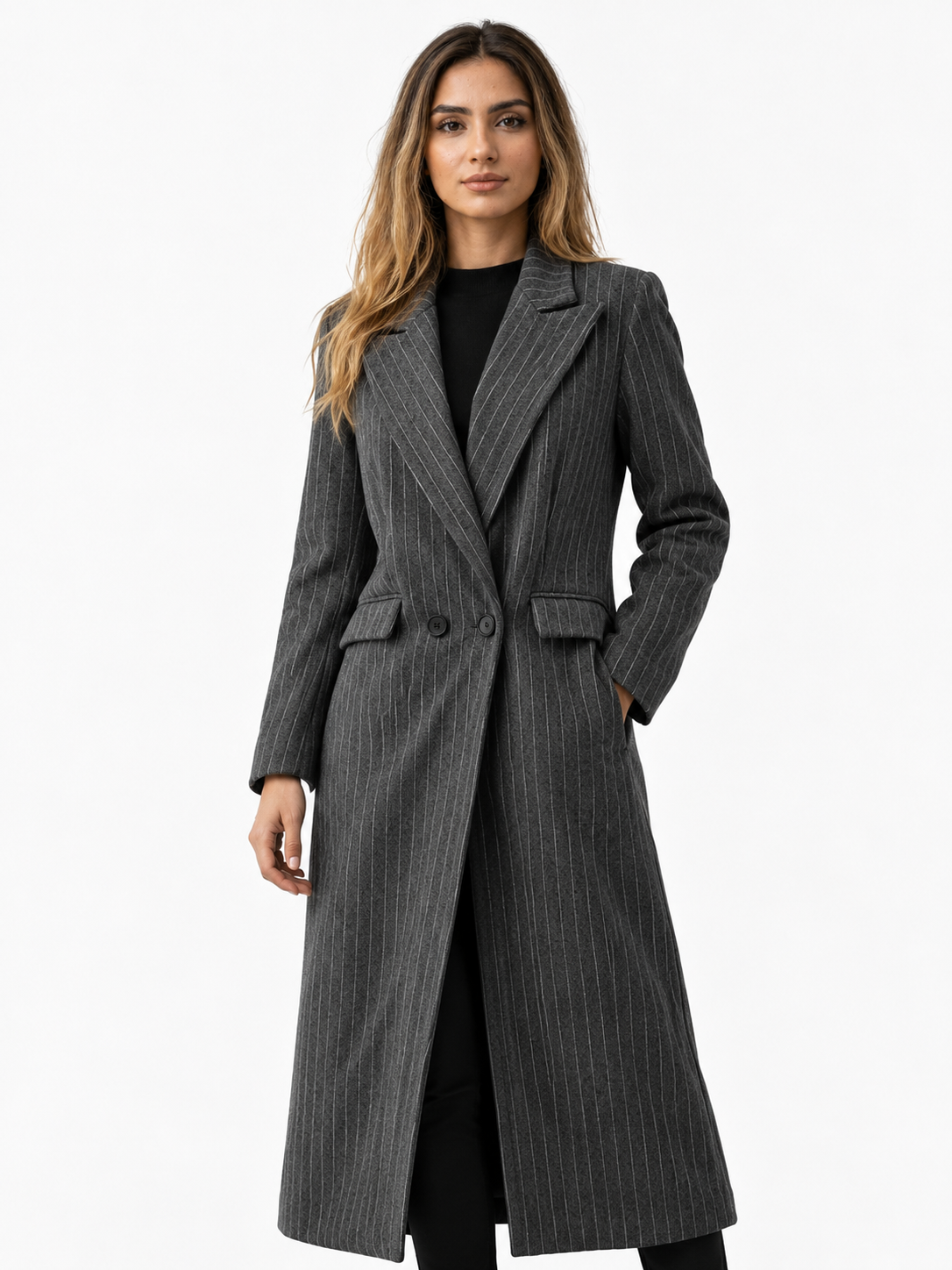 Vintage Lana coat with stripes, loose fit, V-neck