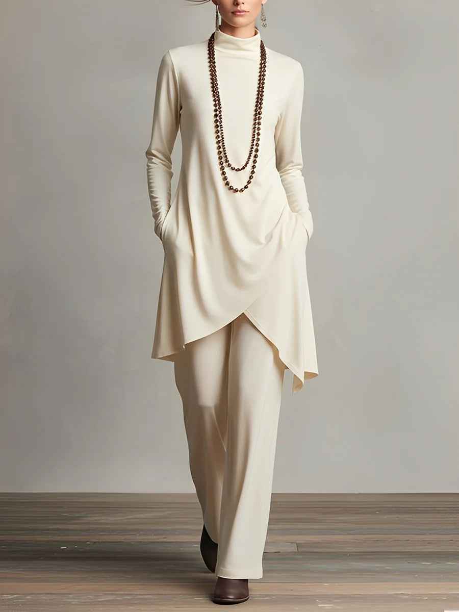 Schickes Top mit hohem Kragen und Hose-Set mit asymmetrischem Saum
