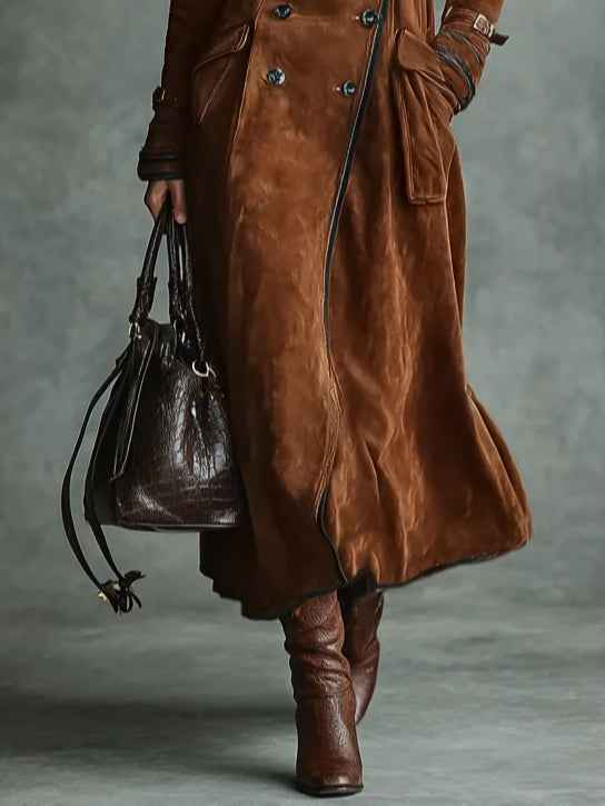 Langer Mantel mit Doppelknopfleiste, Revers aus Wildleder und eleganten schwarzen Details