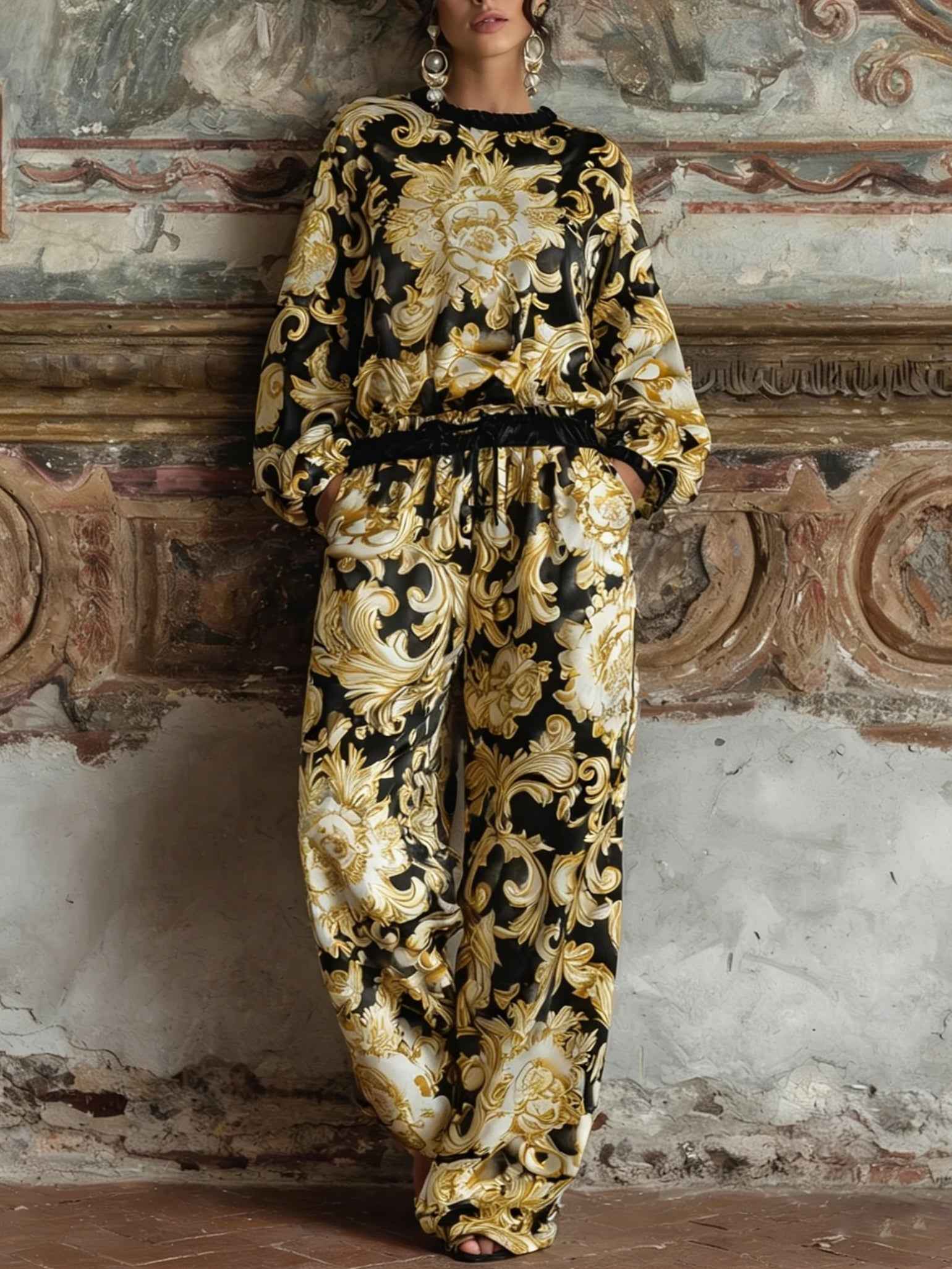Elegantes Barock-Blumenprint-Langarm-Oberteil mit Hose mit weitem Bein Loungewear-Set