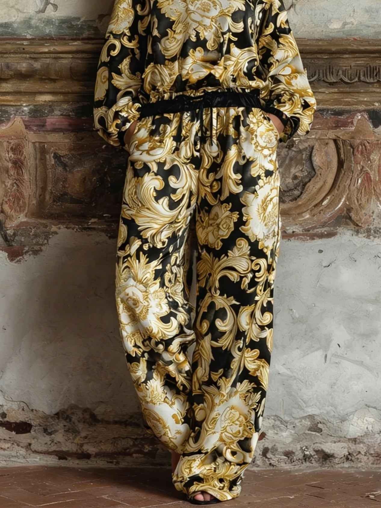 Elegantes Barock-Blumenprint-Langarm-Oberteil mit Hose mit weitem Bein Loungewear-Set