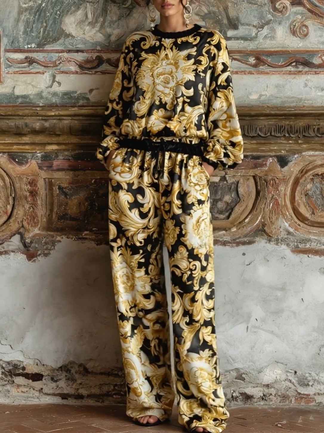Elegantes Barock-Blumenprint-Langarm-Oberteil mit Hose mit weitem Bein Loungewear-Set