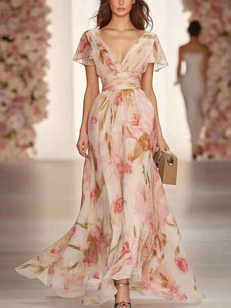 Lässiges Maxi-Kleid mit Taillendetail, Blumendruck und V-Ausschnitt mit kurzen Ärmeln