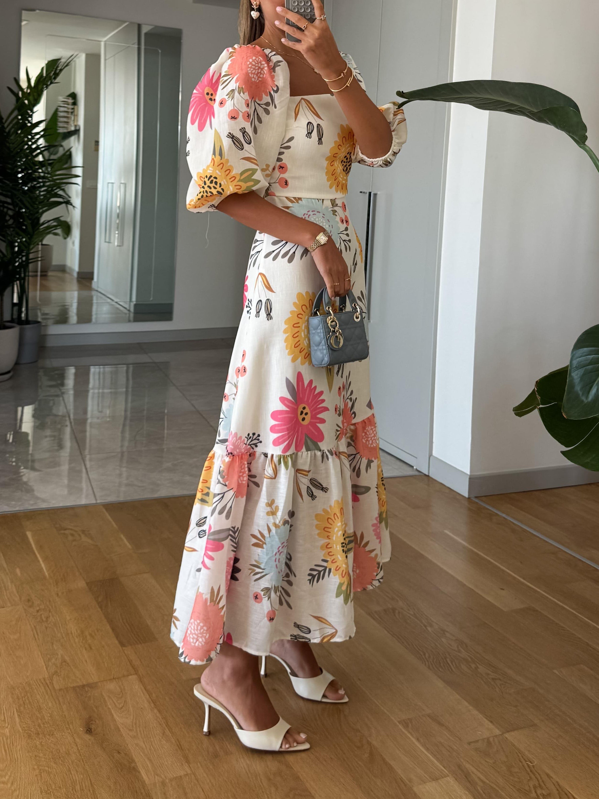 Midikleid mit Puffärmeln, Blumenmuster - Eleganter Stil