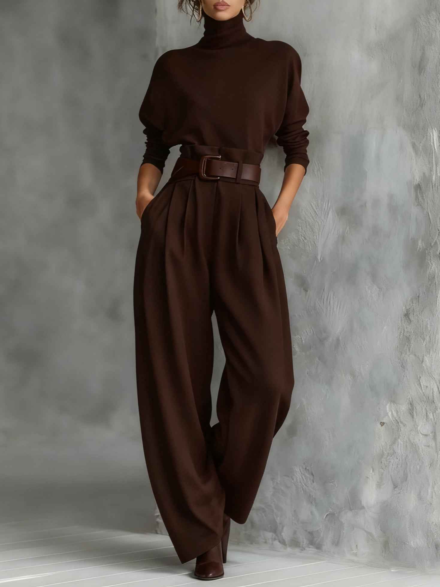 All-black Turtleneck Long-sleeved T-shirt And Straight-leg Pants Two-piece Set (including Belt)