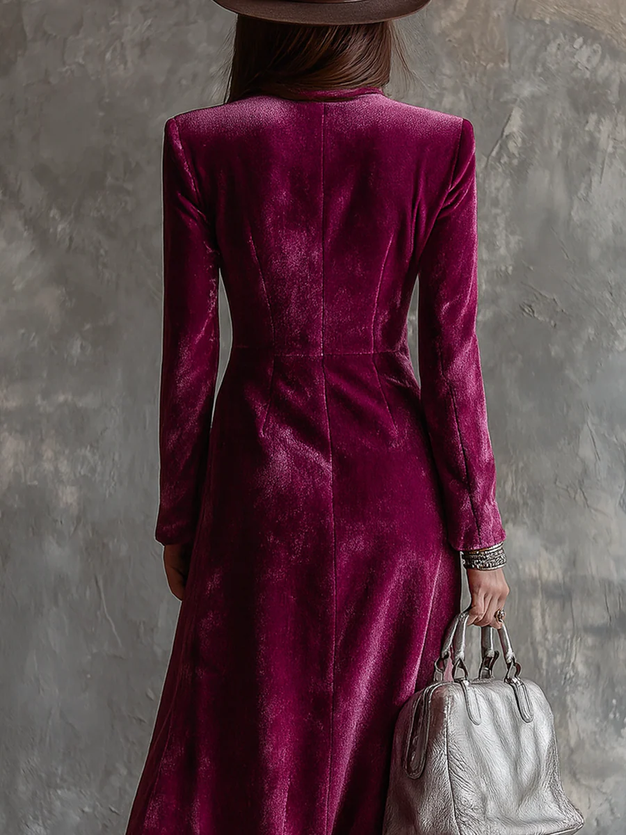 Maxi-Velourkleid in Violett mit Knöpfen und Langarm