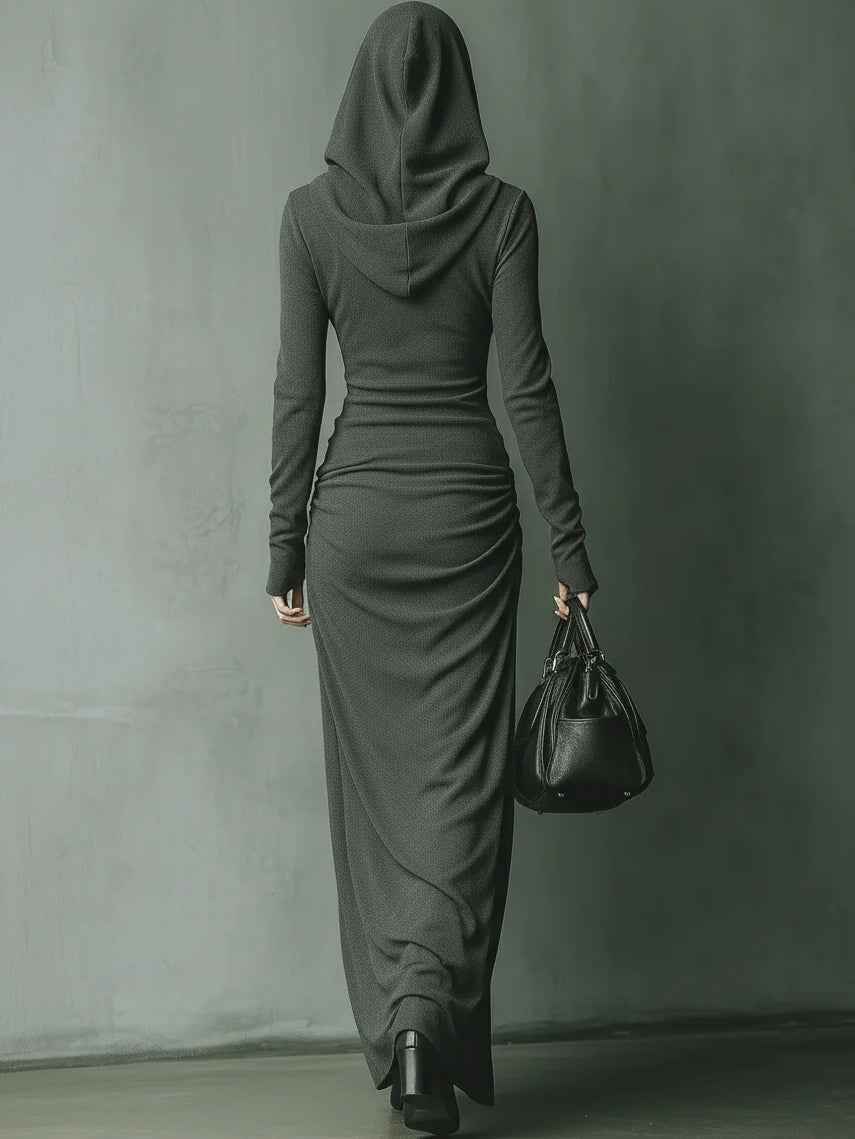 Maxi-Strickkleid mit Kapuze in Dunkelgrau und Hoher Elastizität
