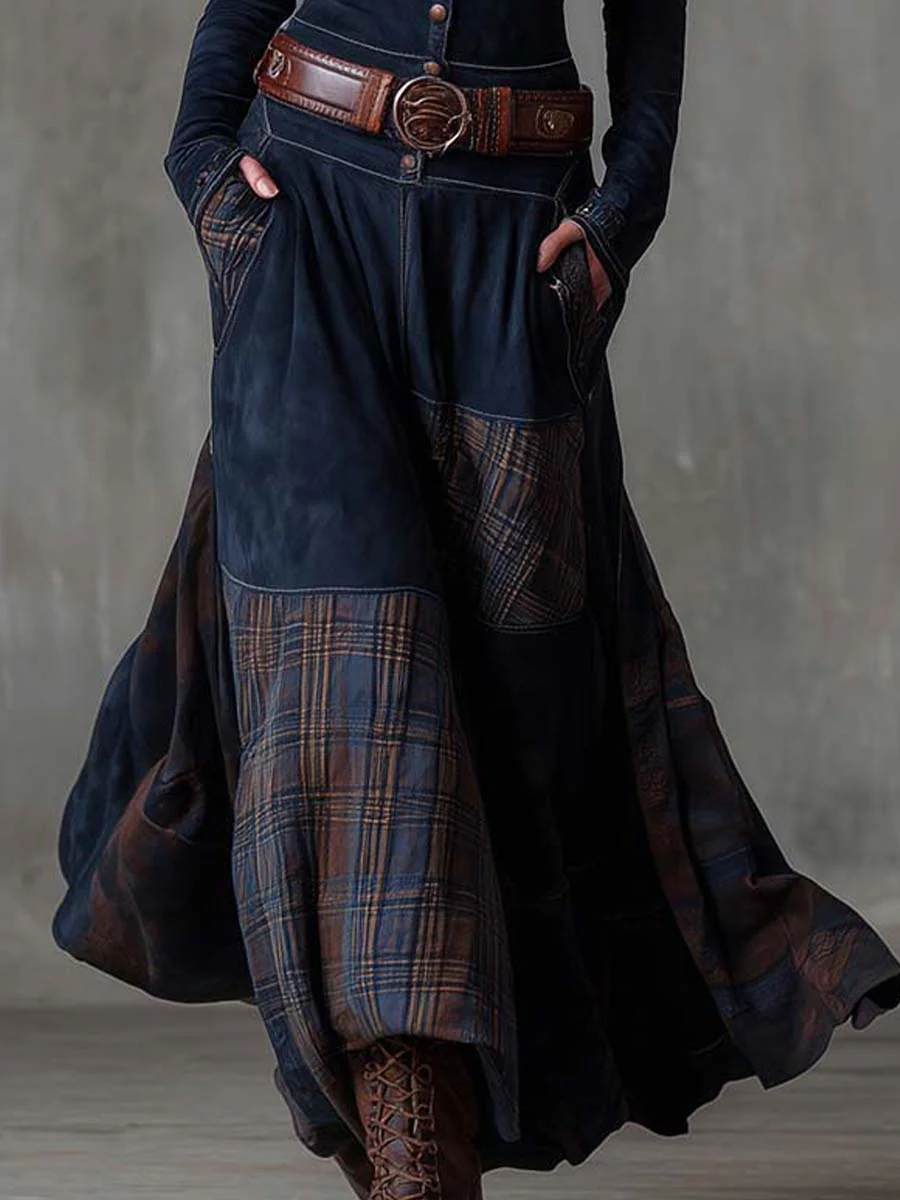 Vintage-Navy-Samt-Maxirobe mit Karo-Muster und Gürtel für einen eleganten und retro Stil