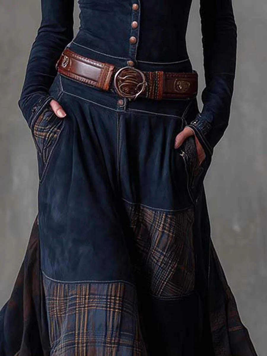 Vintage-Navy-Samt-Maxirobe mit Karo-Muster und Gürtel für einen eleganten und retro Stil