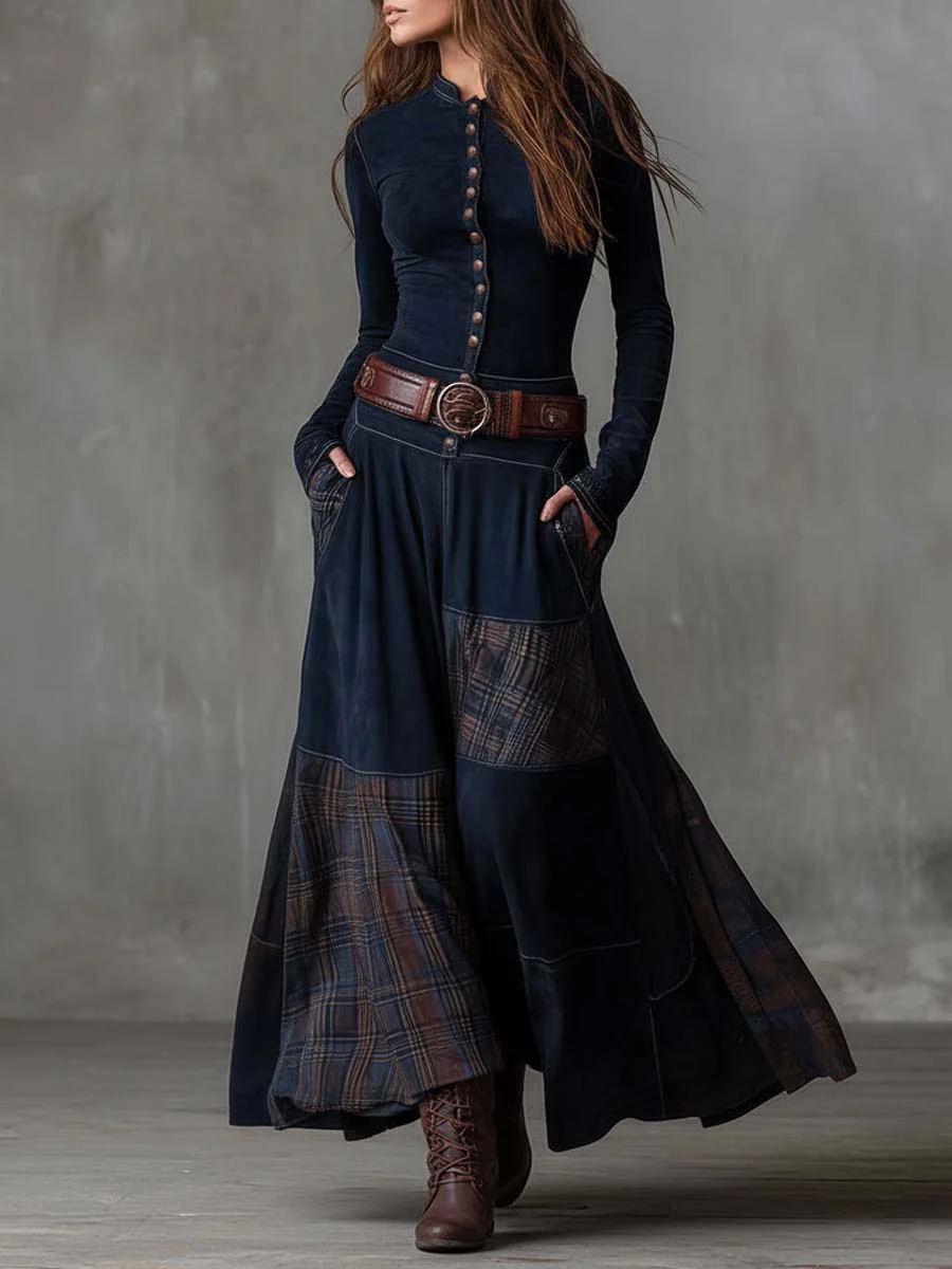 Vintage-Navy-Samt-Maxirobe mit Karo-Muster und Gürtel für einen eleganten und retro Stil