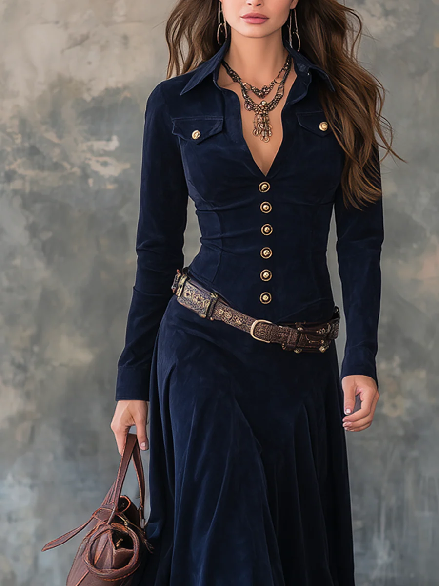 Elegantes Vintage Maxikleid aus Polyester-Samt mit Klappentaschen und Gürtel