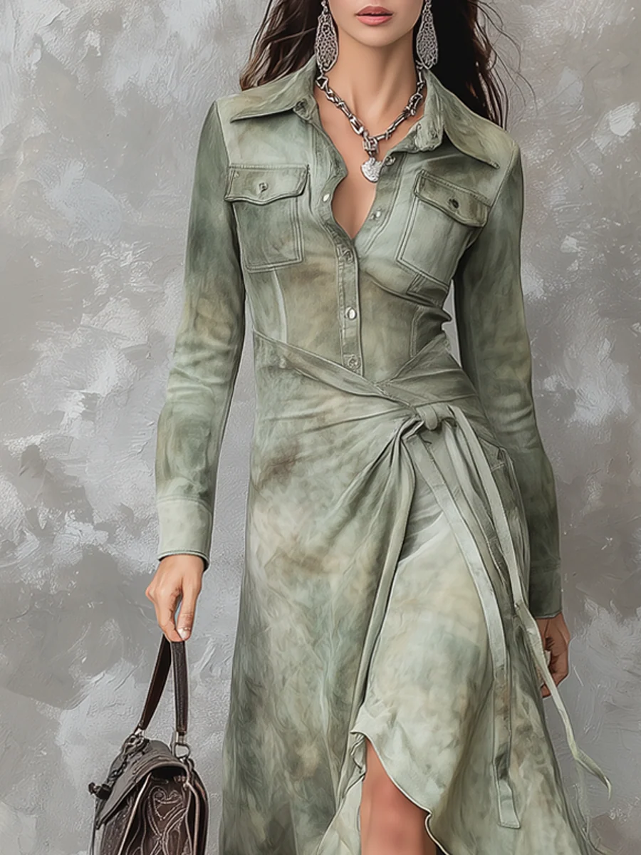 Elegantes Vintage Salbeigrünes Tie-Dye Tasche Maxikleid - Schlanke Passform und Stilvoll